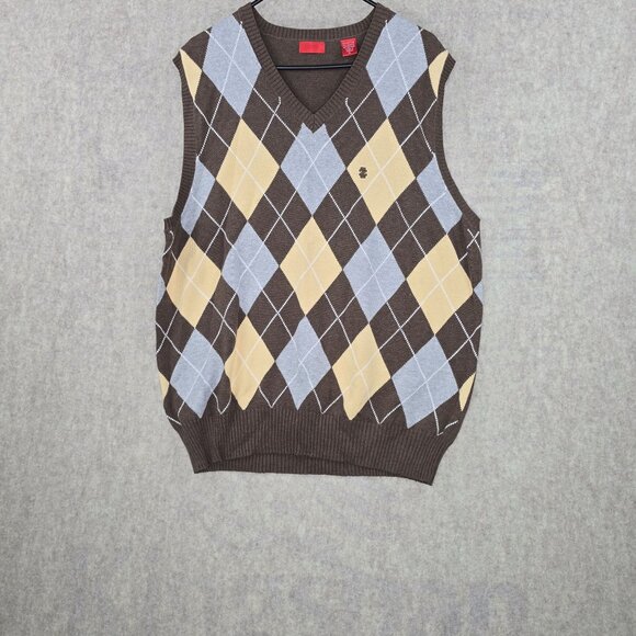 Izod Argyle Sweater Vest Brown Beige Blue XL 100% Cotton - Picture 1 of 6